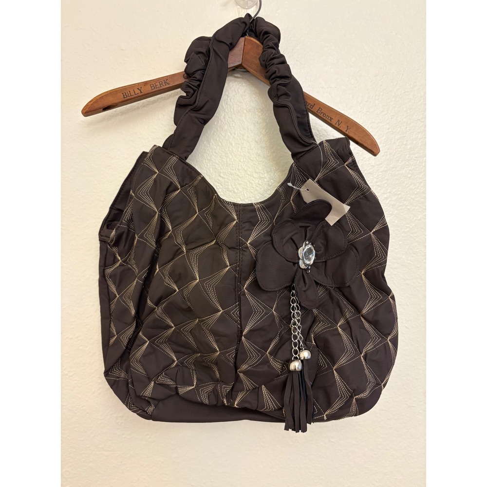 Y2K Brown Quilted Hobo Bag Floral Applique Tassel Slouchy Shoulder Purse
